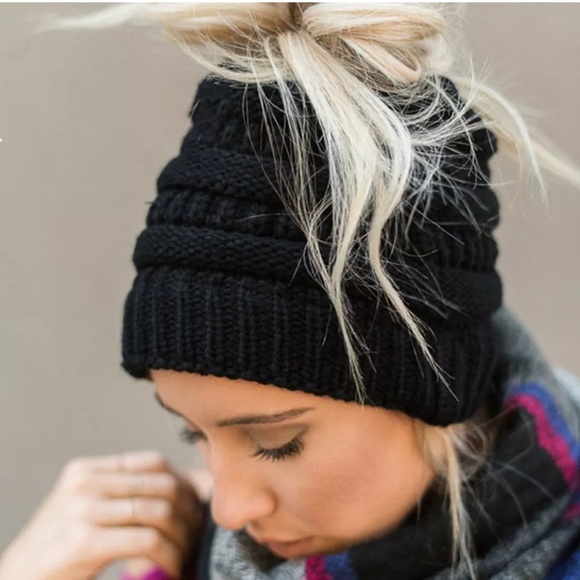 Knit Winter Hat - Bun / Pony Tail - Picture 2 of 5